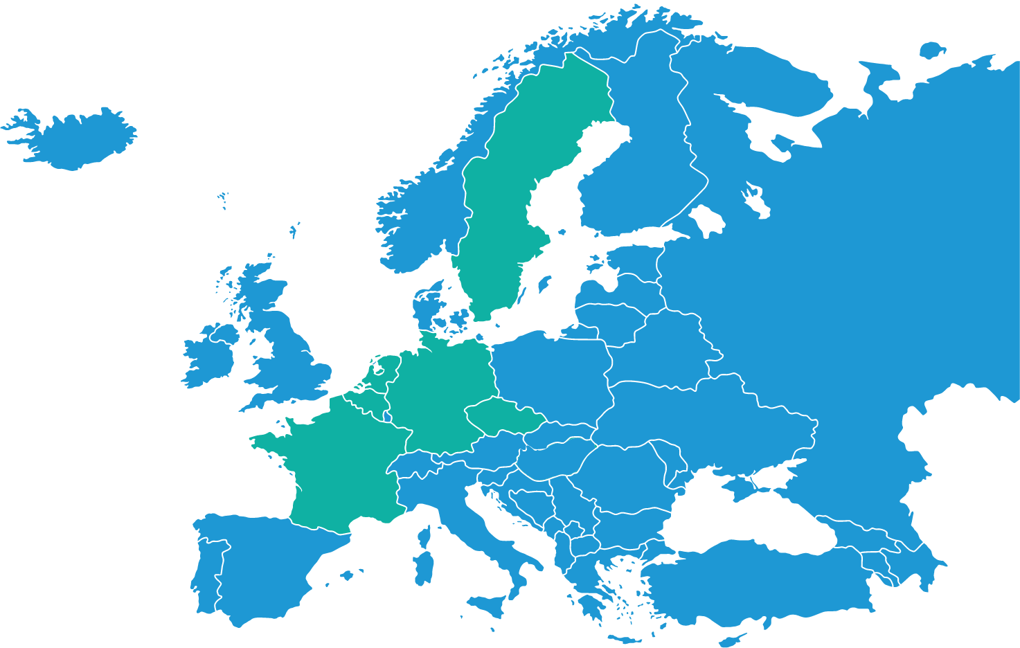 A map of Europe highlighting the countries involved in the FlexRICAN Consortium. The selected countries are distinctly marked, standing out against the rest of the continent.